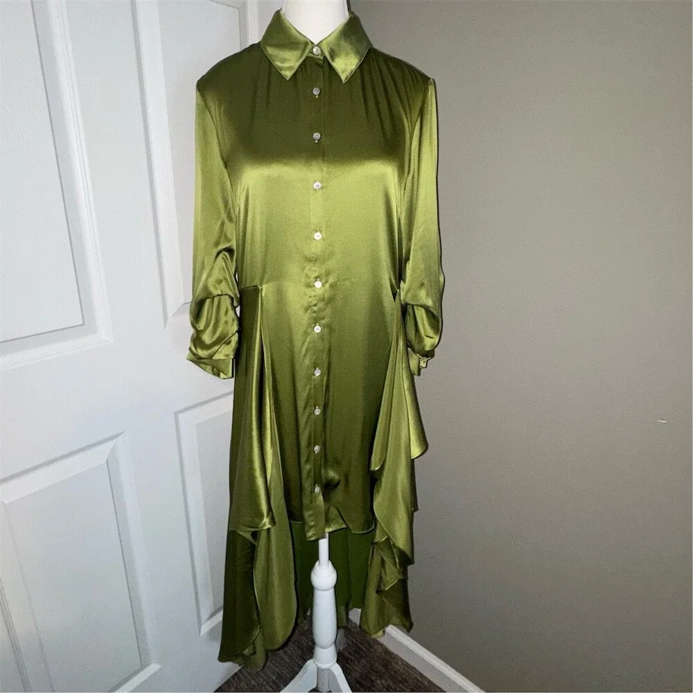 Cinq à Sept Jacey Silk Shirtdress Womens Size 6 Green Moss Tie-Waist Midi Luxe - Picture 4 of 15